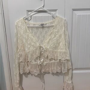American Eagle Outfitters Cream Lace Tie Blouse